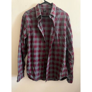 Men's Uniqlo Casual Button Down Shirt L Burgundy Gray Plaid
